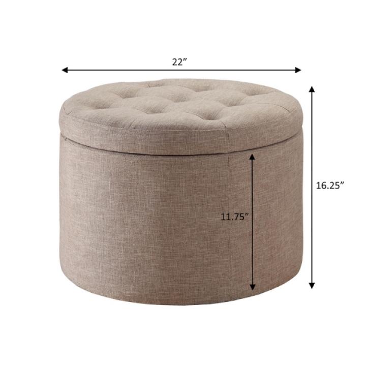 Tan Upholstered Round Shoe Storage Ottoman