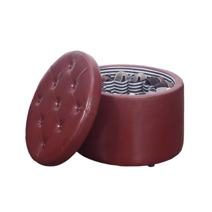 Red Faux Leather Round Shoe Storage Ottoman