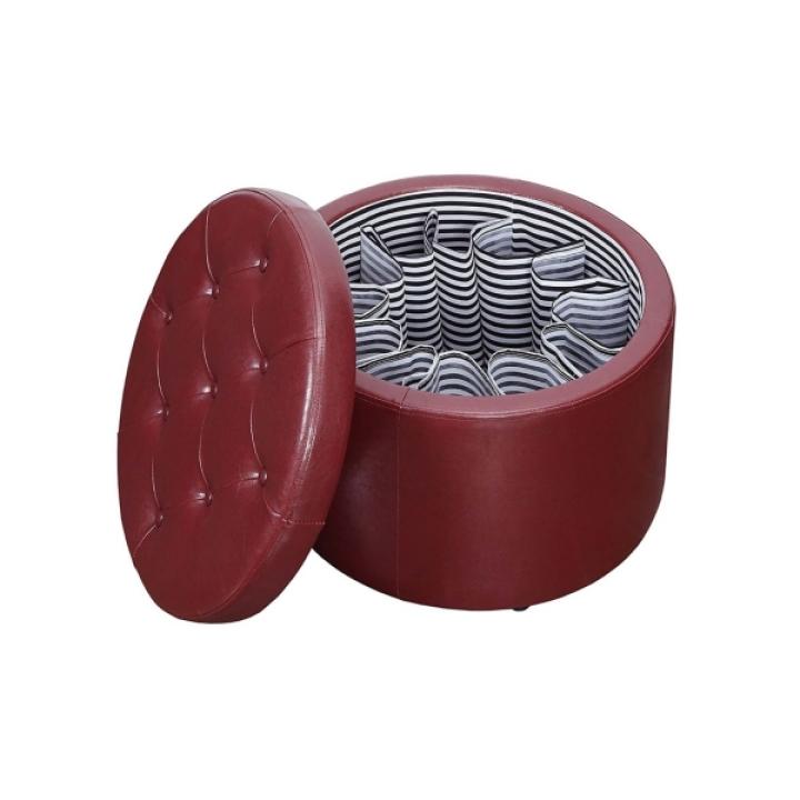 Red Faux Leather Round Shoe Storage Ottoman