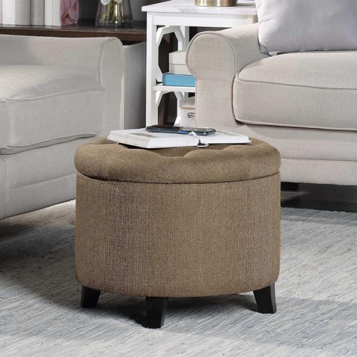 Tan Upholstered Eliza Round Storage Ottoman