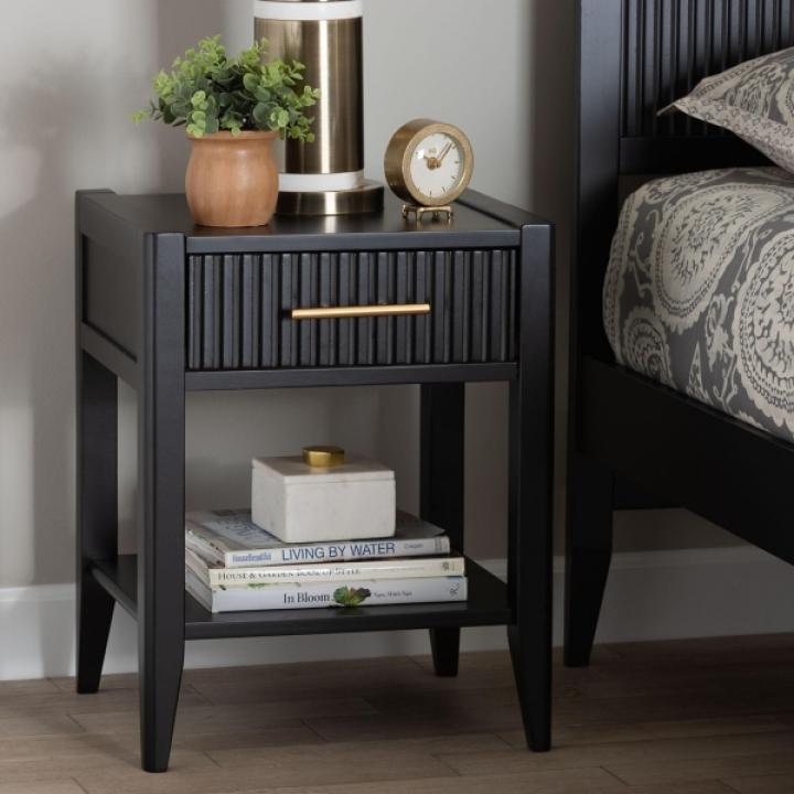 James Mid-Century Black 1-Drawer Nightstand