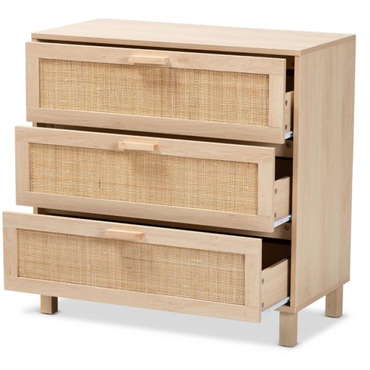 Natural Wood and Rattan 3-Drawer Storage Cabinet