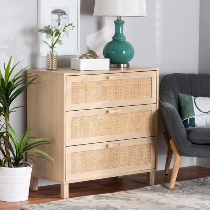 Natural Wood and Rattan 3-Drawer Storage Cabinet