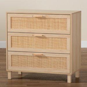 Natural Wood and Rattan 3-Drawer Storage Cabinet
