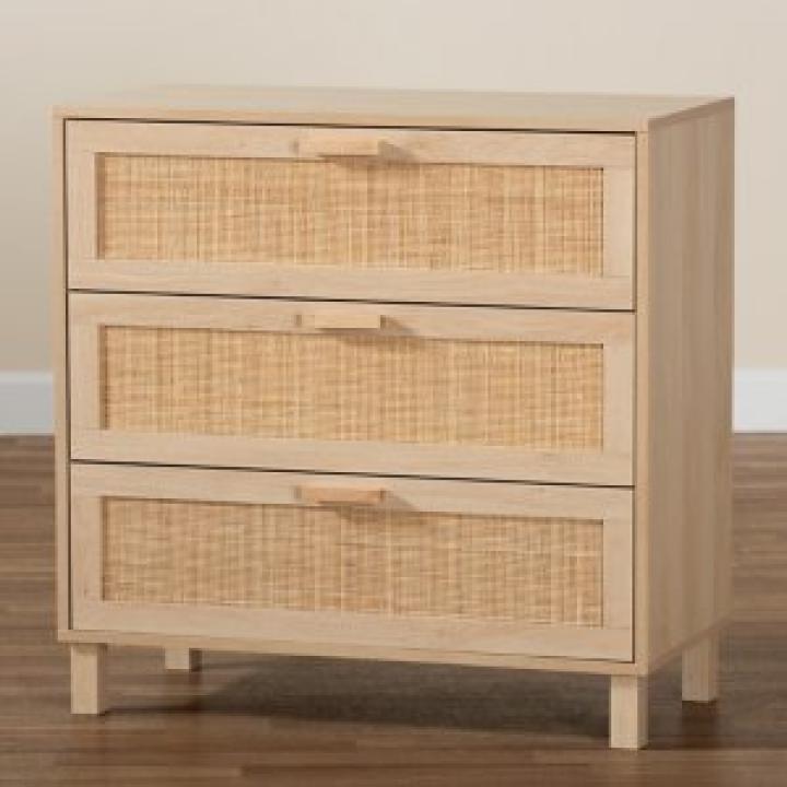 Natural Wood and Rattan 3-Drawer Storage Cabinet