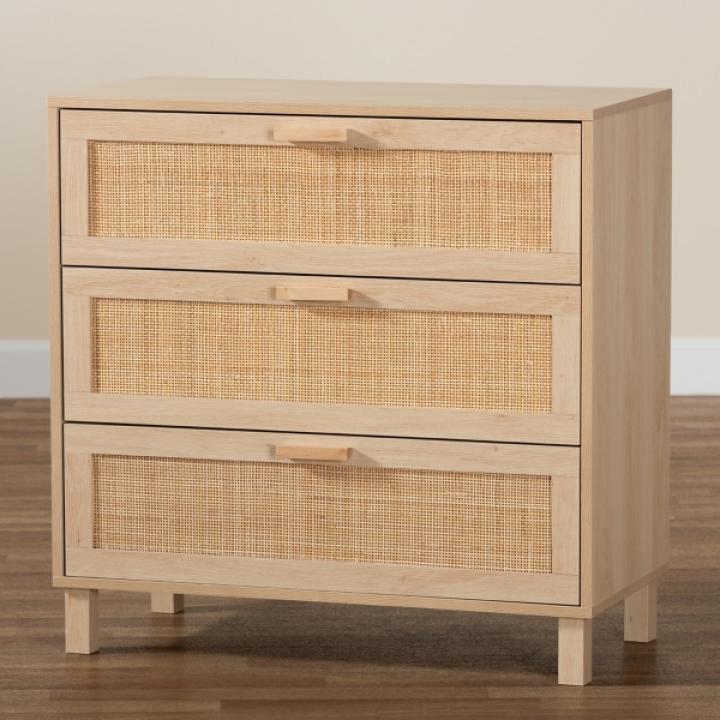 Natural Wood and Rattan 3-Drawer Storage Cabinet