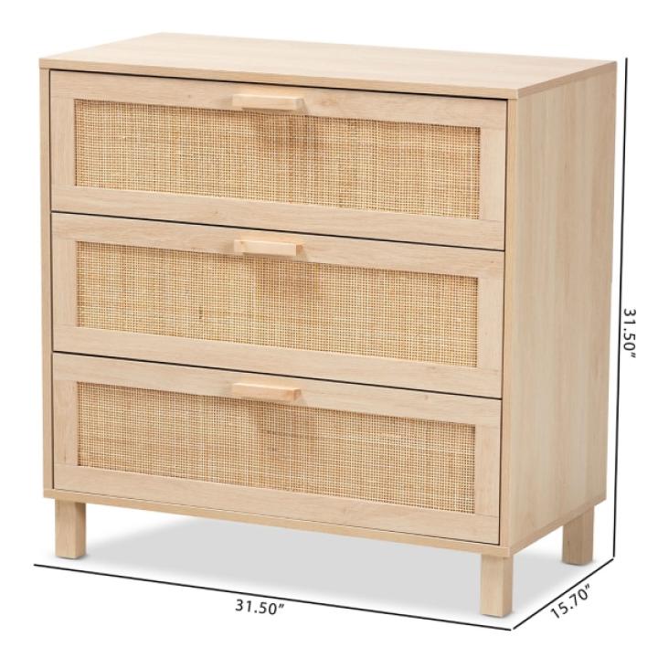 Natural Wood and Rattan 3-Drawer Storage Cabinet