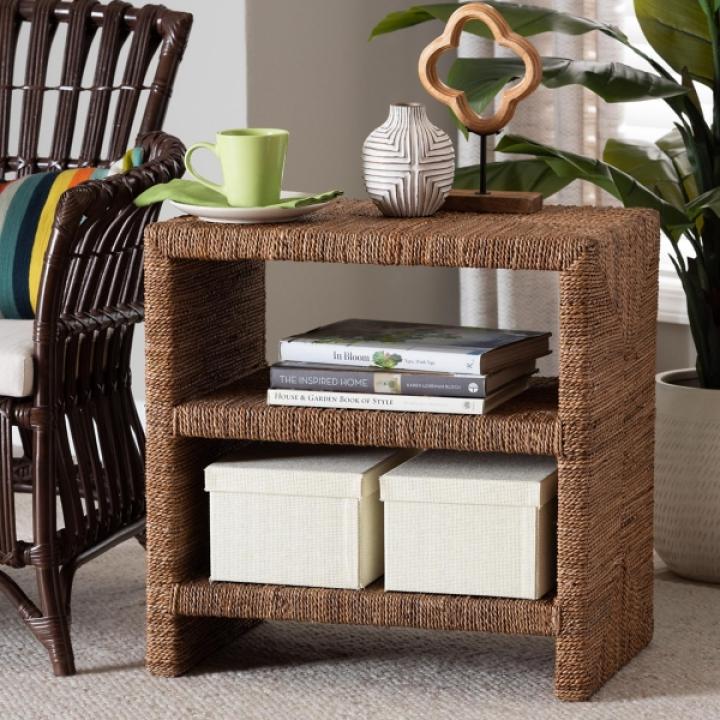 Natural Seagrass Wrapped Open Shelves Accent Table