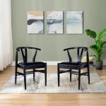 Black Leather Wishbone Dining Chairs, Set of 2