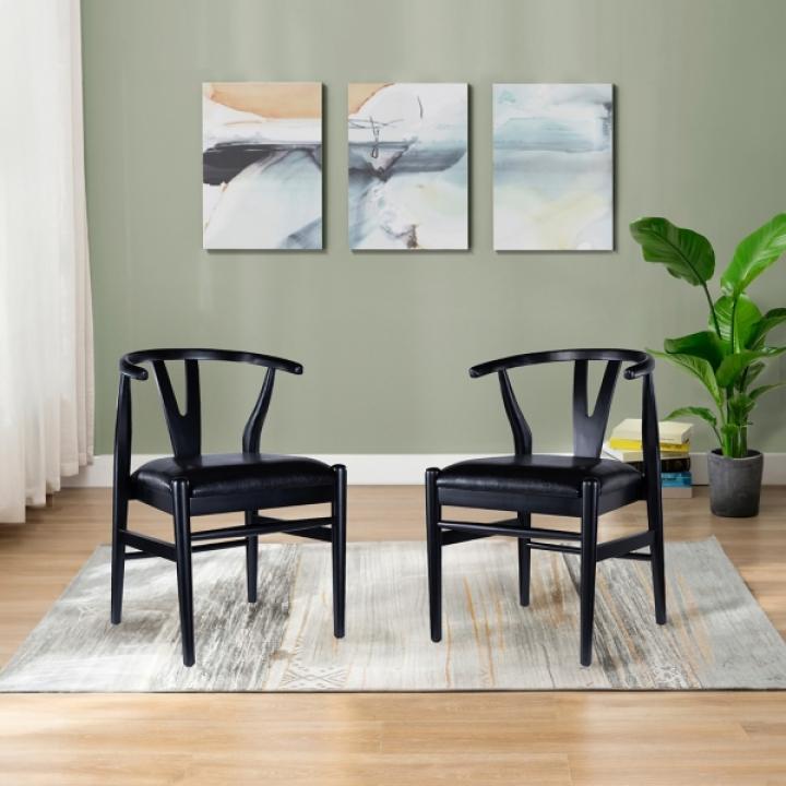 Black Leather Wishbone Dining Chairs, Set of 2