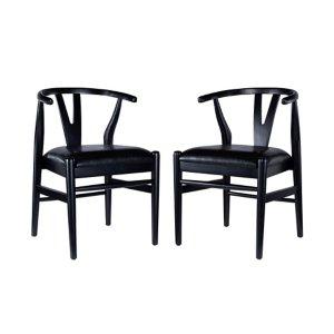 Black Leather Wishbone Dining Chairs, Set of 2