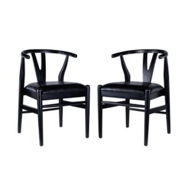 Black Leather Wishbone Dining Chairs, Set of 2