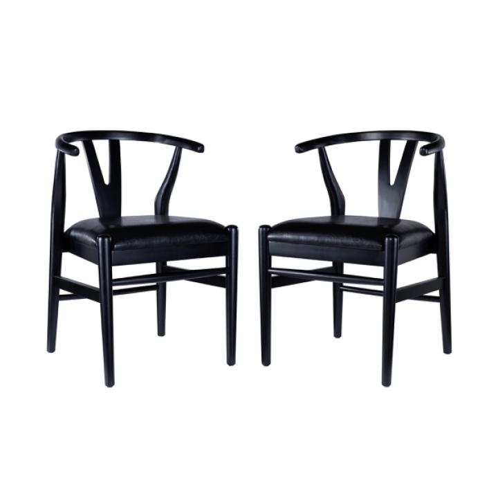 Black Leather Wishbone Dining Chairs, Set of 2