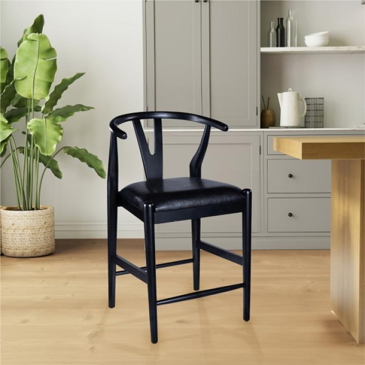 Black Faux Leather Wishbone Counter Stool
