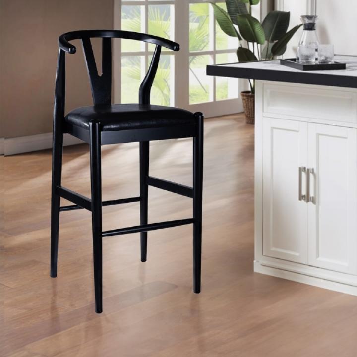 Black Faux Leather Wishbone Bar Stool