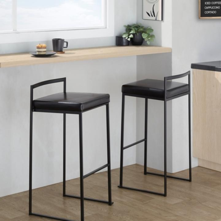 Black Faux Leather Stackable Bar Stools, Set of 2