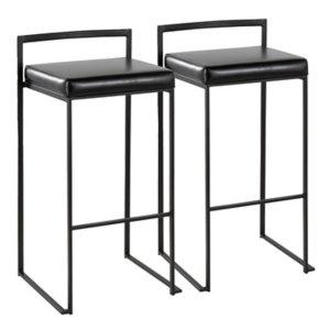 Black Faux Leather Stackable Bar Stools, Set of 2