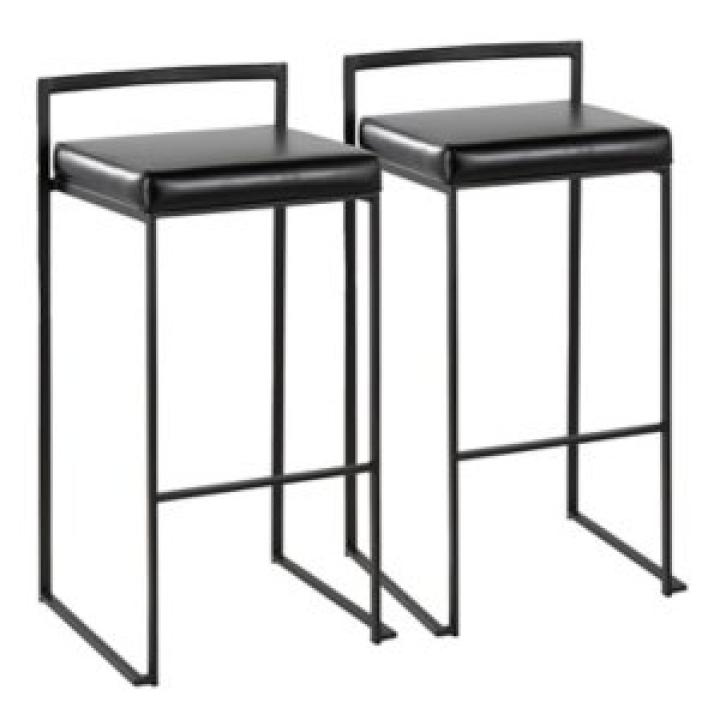 Black Faux Leather Stackable Bar Stools, Set of 2