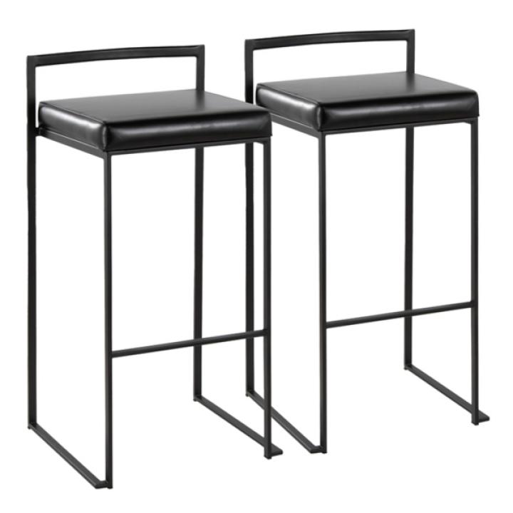 Black Faux Leather Stackable Bar Stools, Set of 2