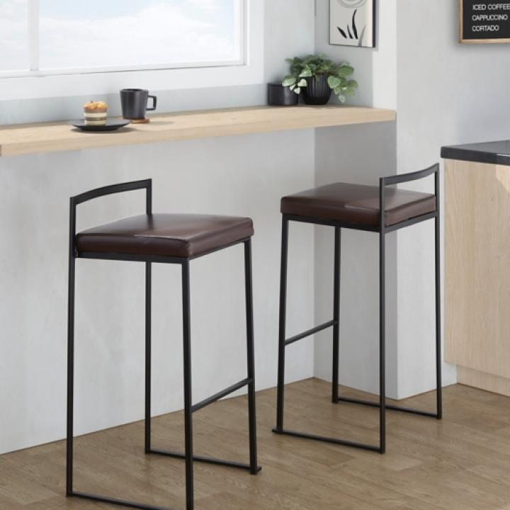 Brown Faux Leather Stackable Bar Stools, Set of 2