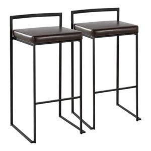 Brown Faux Leather Stackable Bar Stools, Set of 2