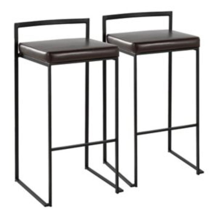 Brown Faux Leather Stackable Bar Stools, Set of 2