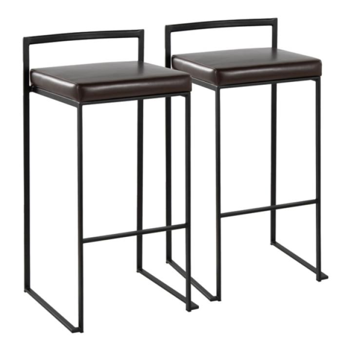 Brown Faux Leather Stackable Bar Stools, Set of 2
