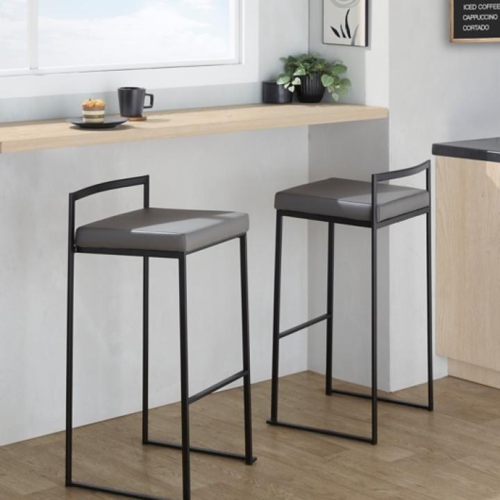 Gray Faux Leather Stackable Bar Stools, Set of 2
