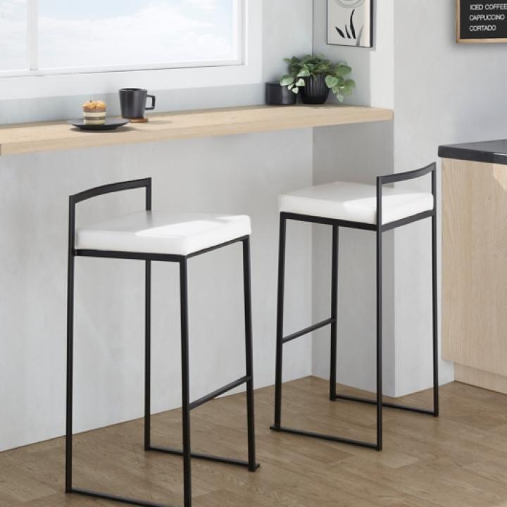 White Faux Leather Stackable Bar Stools, Set of 2