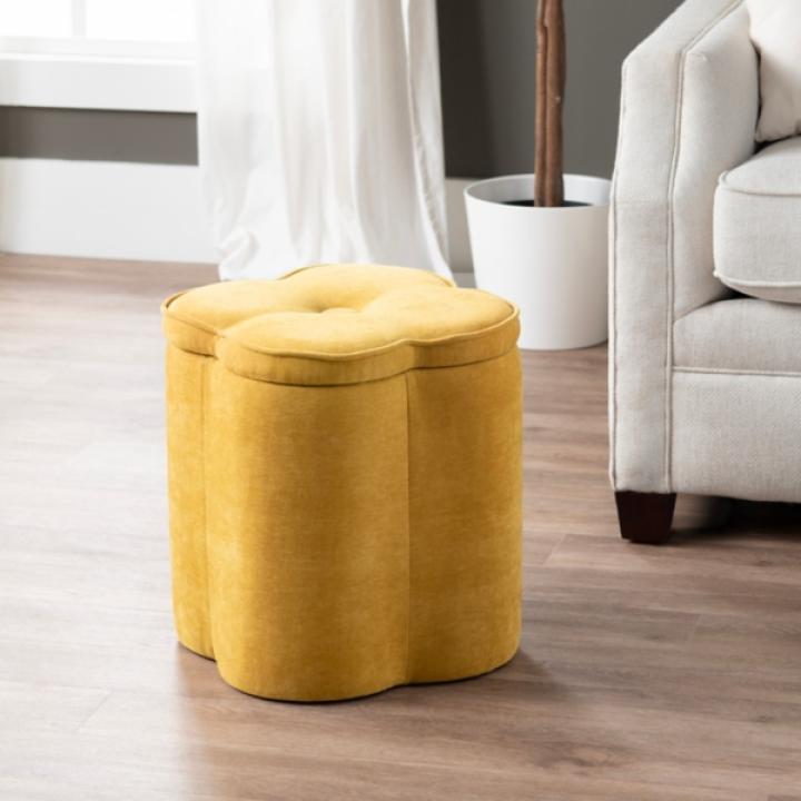 Spice Yellow Chenille Flower Storage Ottoman