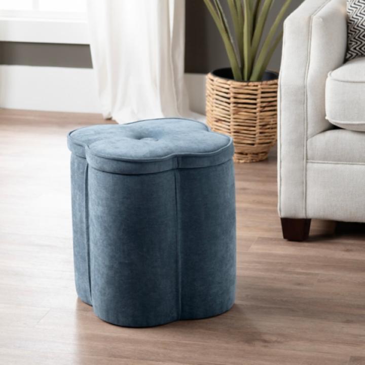 Navy Chenille Flower Storage Ottoman