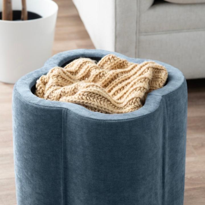 Navy Chenille Flower Storage Ottoman