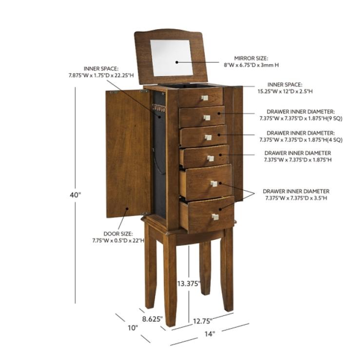 Walnut Wood 5-Drawer Zinnia Jewelry Armoire