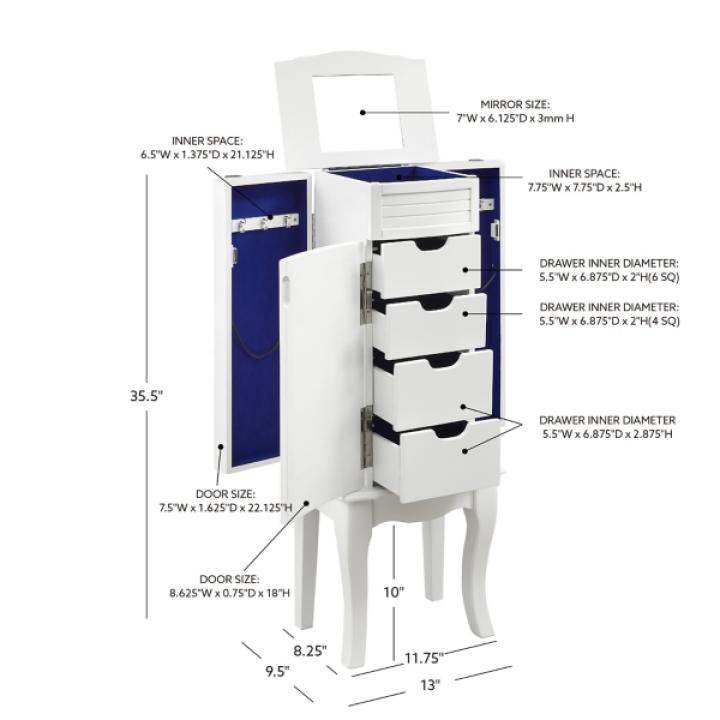 White Wood 4-Drawer Elena Jewelry Armoire