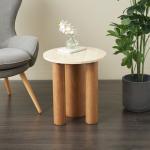 Brown Wood and Beige Marble Top Round Accent Table