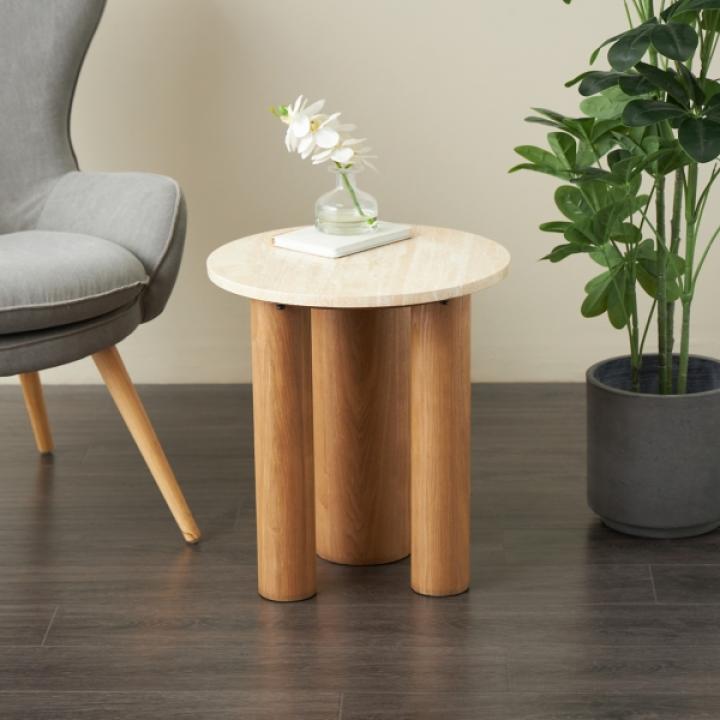 Brown Wood and Beige Marble Top Round Accent Table