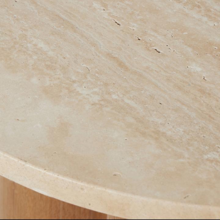 Brown Wood and Beige Marble Top Round Accent Table