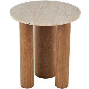 Brown Wood and Beige Marble Top Round Accent Table