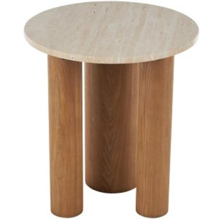 Brown Wood and Beige Marble Top Round Accent Table