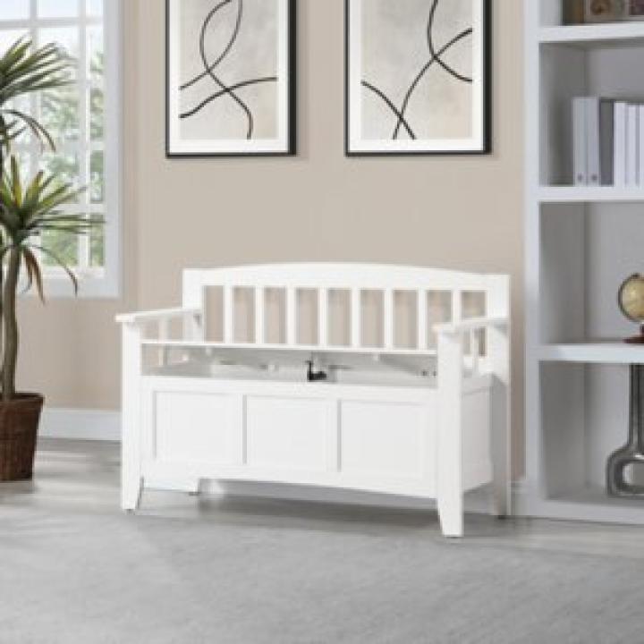 White Wood Lift-Top Storage Entryway Bench