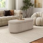 Beige Corduroy Oval Storage Bench