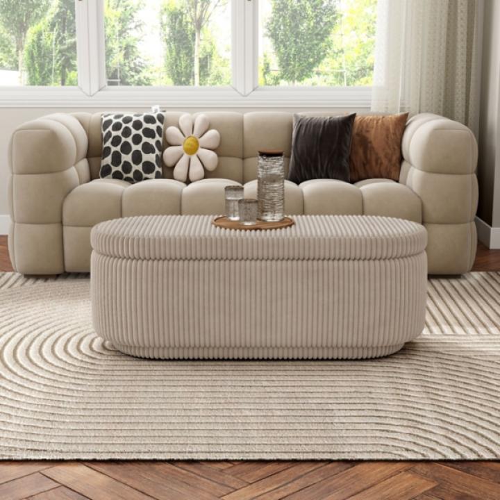 Beige Corduroy Oval Storage Bench