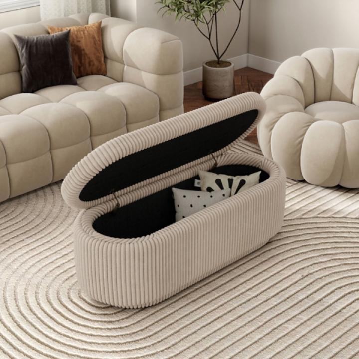 Beige Corduroy Oval Storage Bench
