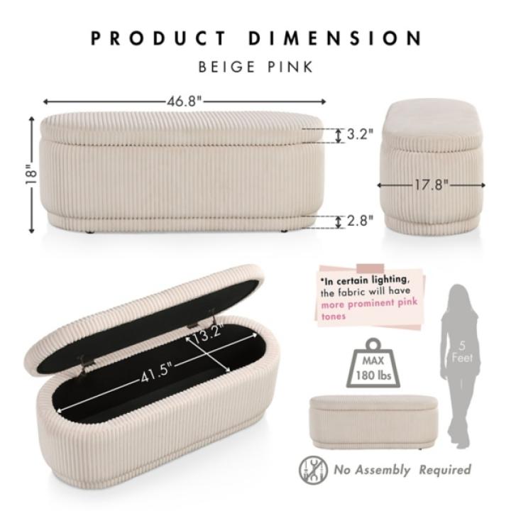 Beige Corduroy Oval Storage Bench