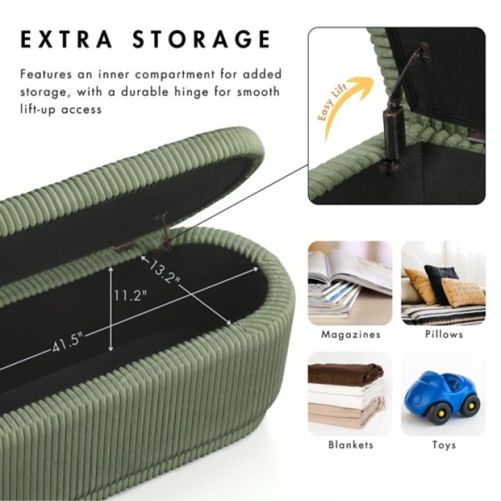 Beige Corduroy Oval Storage Bench