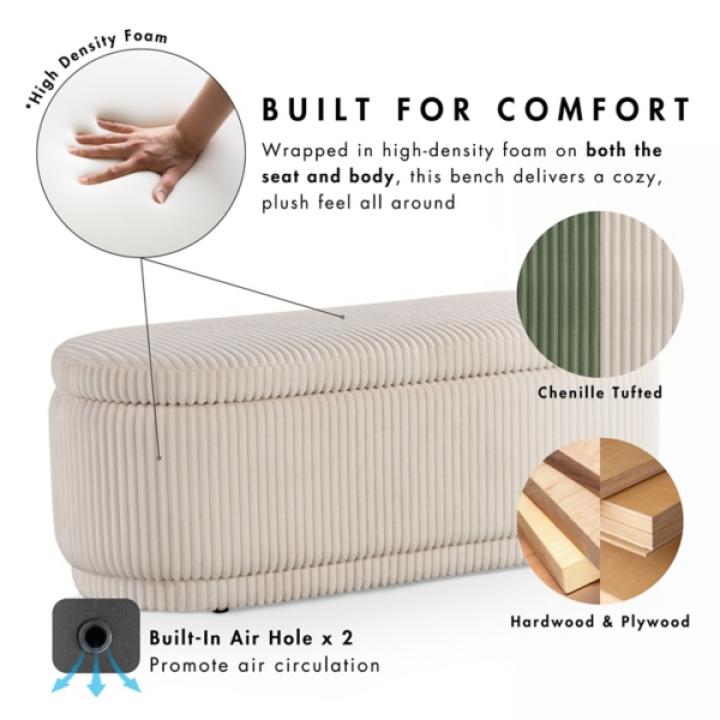 Beige Corduroy Oval Storage Bench