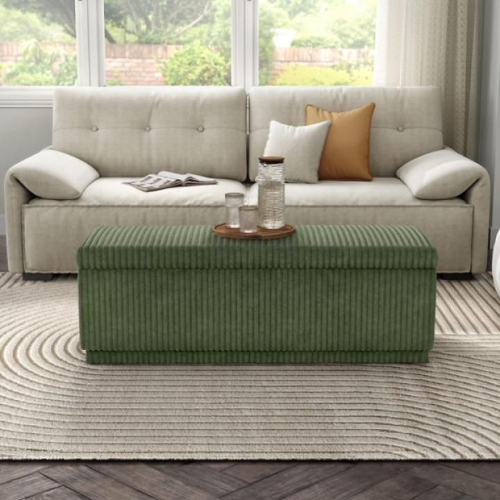Green Corduroy Rectangle Storage Bench