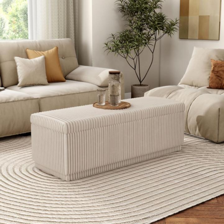 Beige Corduroy Rectangle Storage Bench