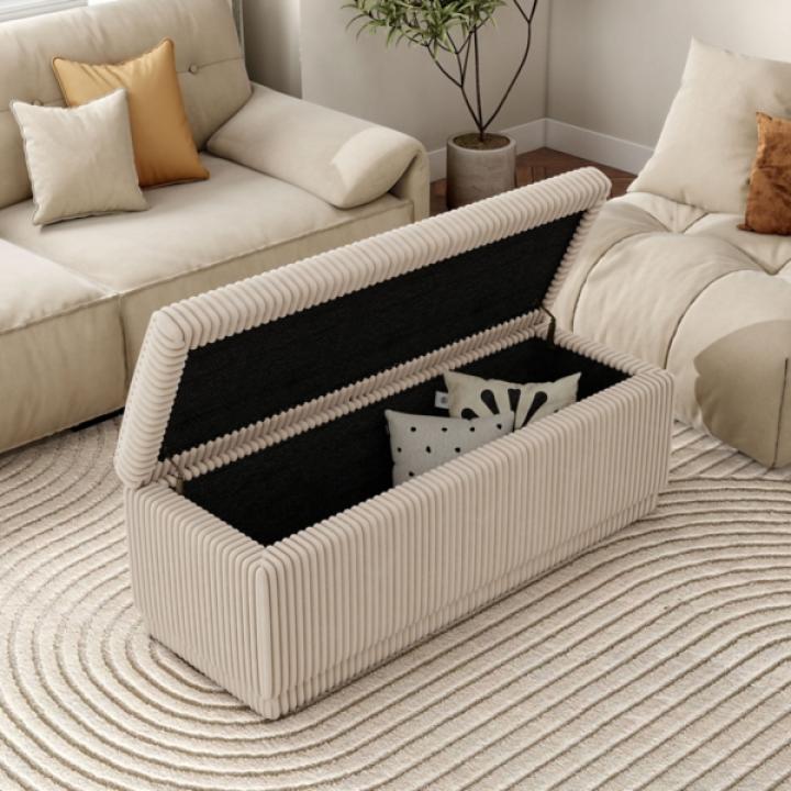 Beige Corduroy Rectangle Storage Bench