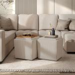 Beige Corduroy Square Storage Ottoman